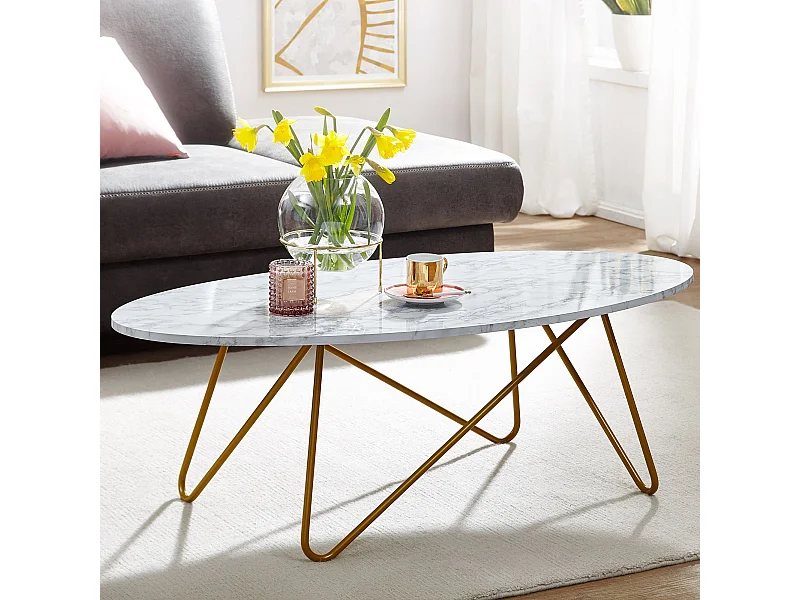 salontafel 120x40x60 cm met marmerlook wit | Salontafel met metalen frame | Salontafel ovale tafel woonkamer | Lounge tafel