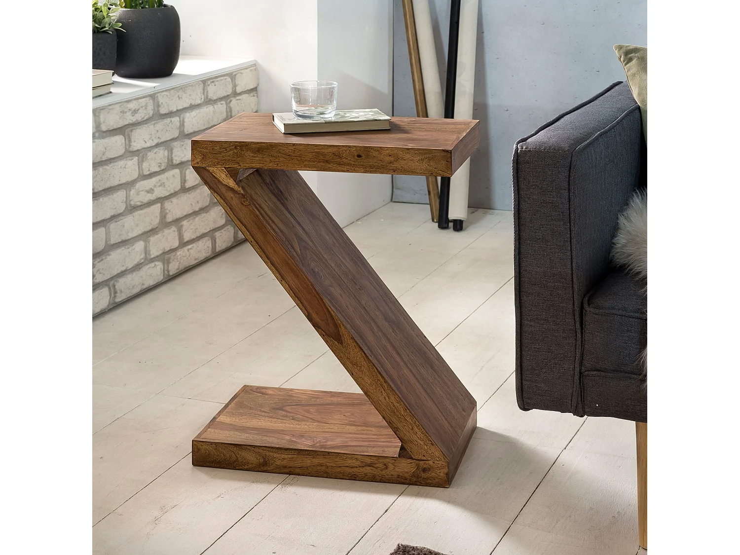 Table en bois massif Sheesham Z Cube 59cm salon chambre haute table design table basse de style campagnard brun