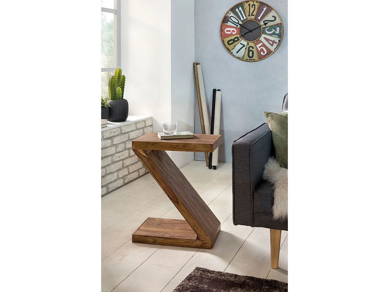 Table en bois massif Sheesham Z Cube 59cm salon chambre haute table design table basse de style campagnard brun
