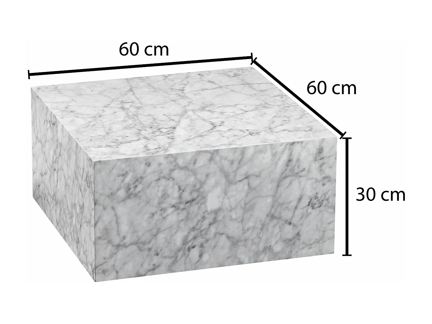 MONOBLOC 60x30x60 cm alto brillo con aspecto mármol blanco | Mesa de salón de diseño Cube square | Forma de cubo de la mesa auxiliar del salón