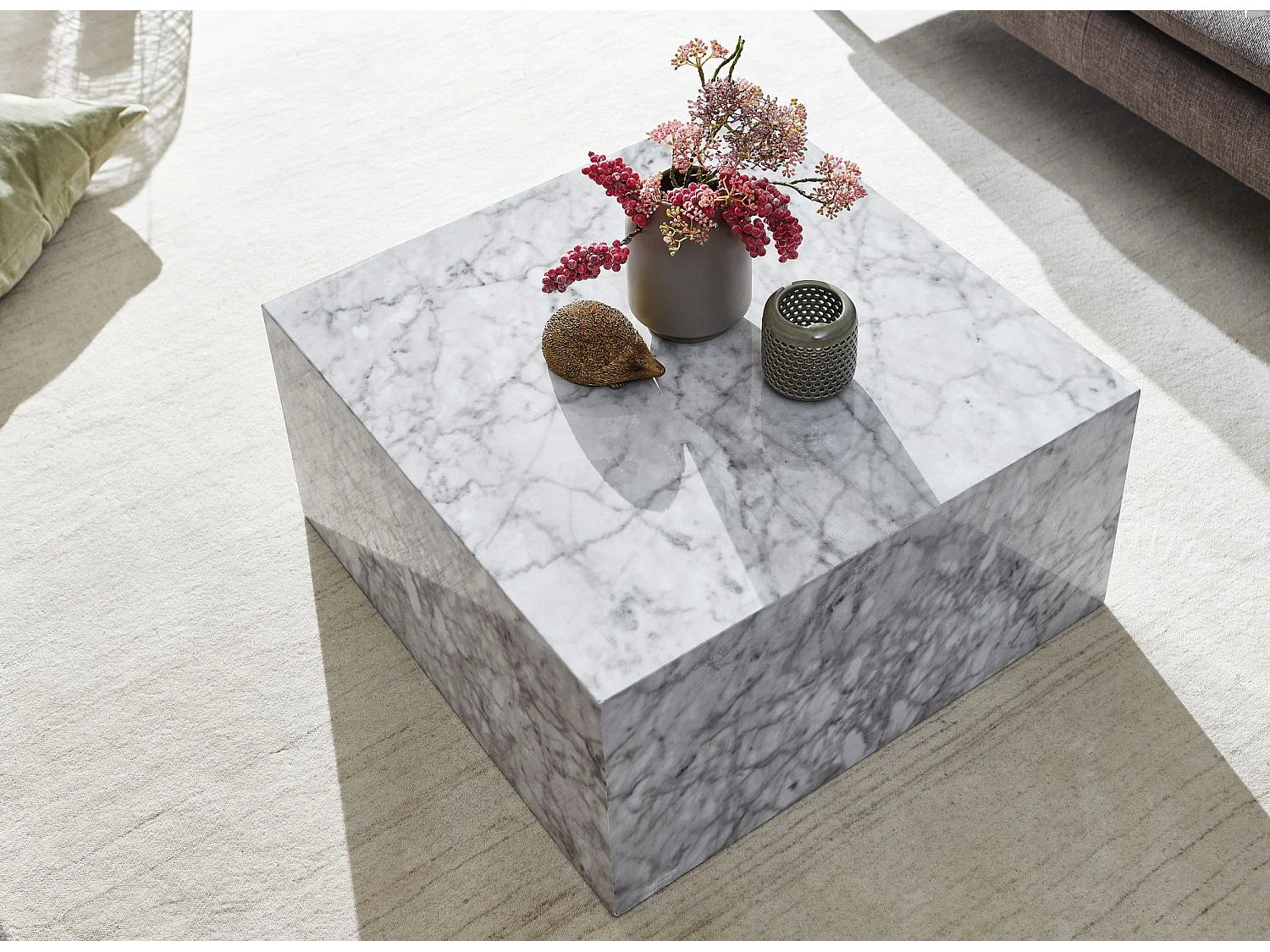 MONOBLOC 60x30x60 cm alto brillo con aspecto mármol blanco | Mesa de salón de diseño Cube square | Forma de cubo de la mesa auxiliar del salón