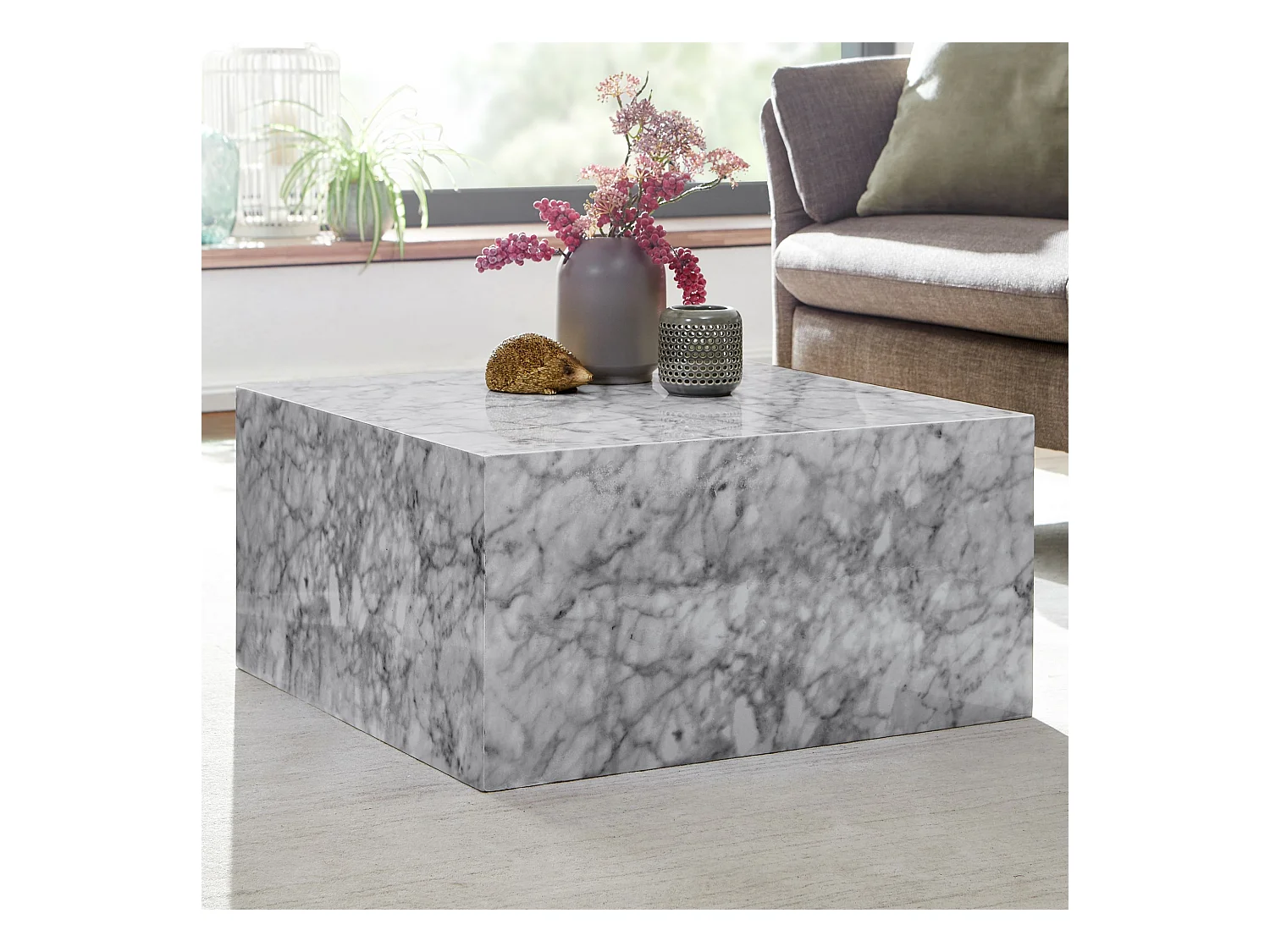 basse  MONOBLOC 60x30x60 cm brillant aspect marbre blanc | Table de salon design Cube carré | Table d'appoint de salon en forme de cube