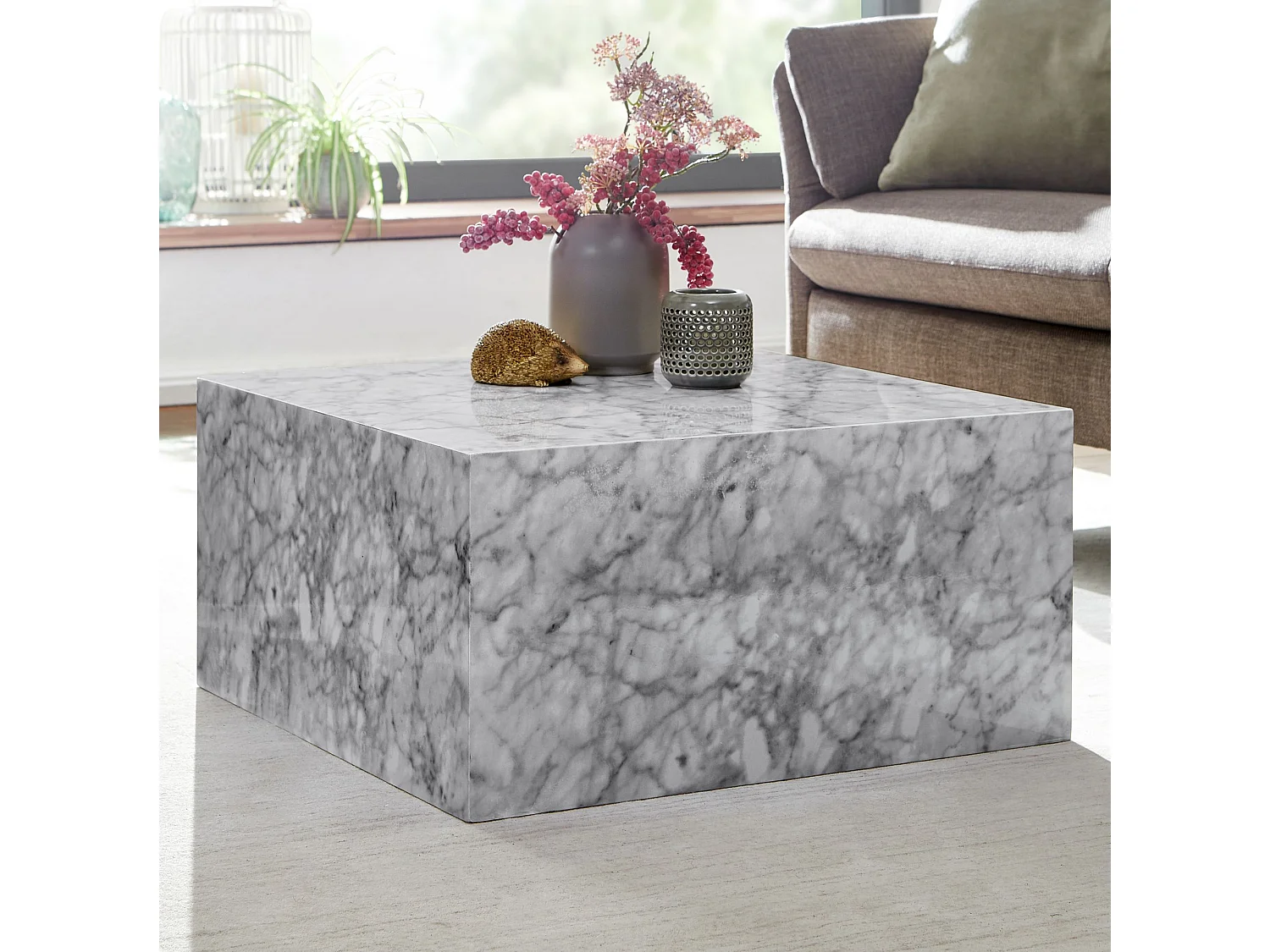 tavolino MONOBLOC 60x30x60 cm lucido con aspetto marmo bianco | Tavolino di design Cube square | Tavolino da salotto a forma di cubo