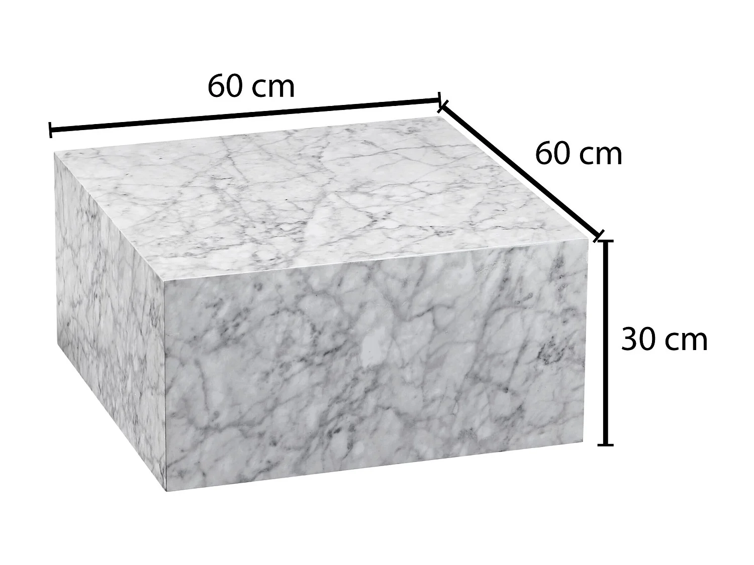 tavolino MONOBLOC 60x30x60 cm lucido con aspetto marmo bianco | Tavolino di design Cube square | Tavolino da salotto a forma di cubo