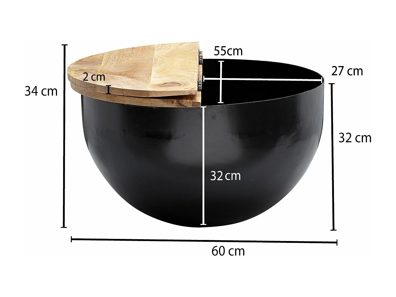 table basse manguier bois massif métal 60x34x60 cm style industriel rond | Table de salon design avec espace de rangement | Table basse de salon moderne noir