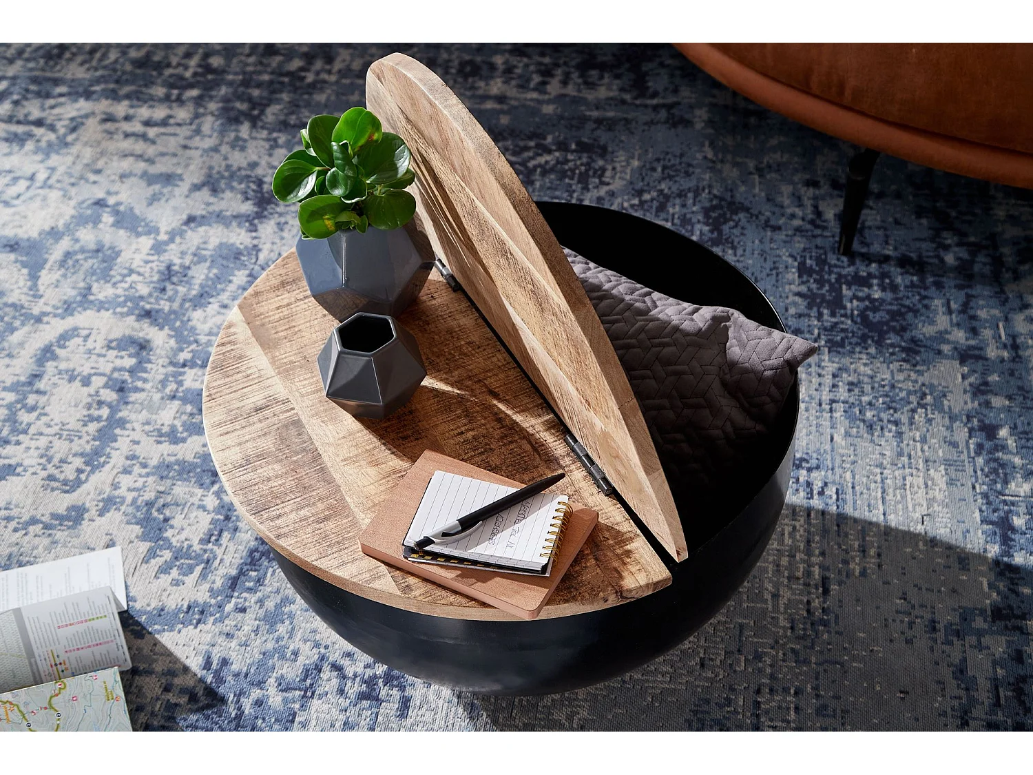 table basse manguier bois massif métal 60x34x60 cm style industriel rond | Table de salon design avec espace de rangement | Table basse de salon moderne noir