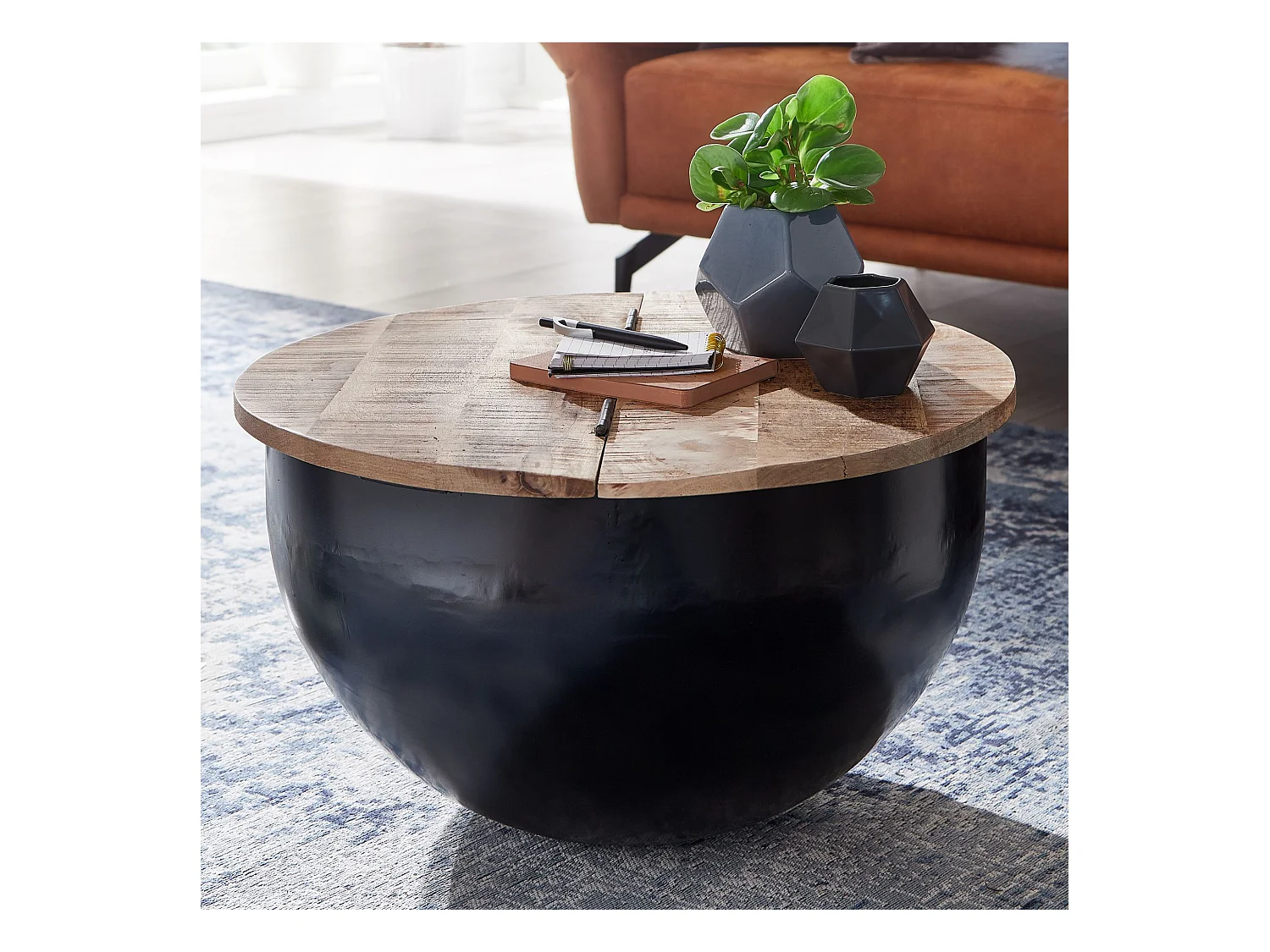 table basse manguier bois massif métal 60x34x60 cm style industriel rond | Table de salon design avec espace de rangement | Table basse de salon moderne noir