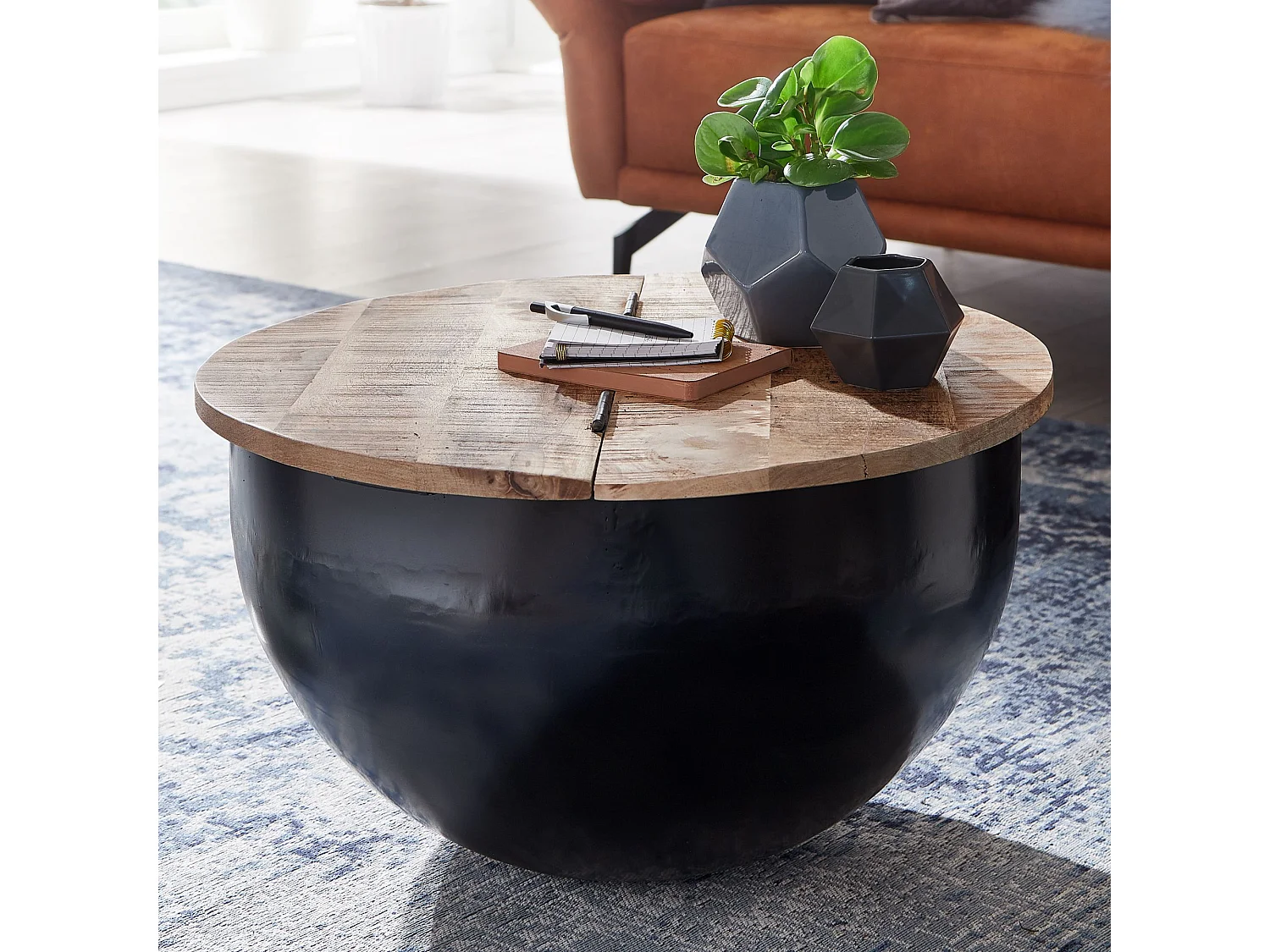 table basse manguier bois massif métal 60x34x60 cm style industriel rond | Table de salon design