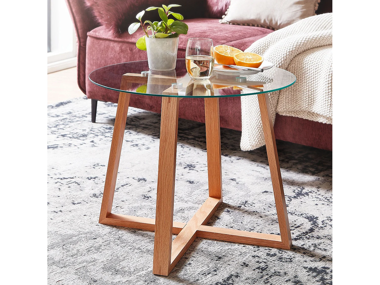 Couchtisch 58x58x47 cm Sofatisch Eiche Massivholz / Glas Rund, Design Wohnzimmertisch Modern, Holztisch Stubentisch Klein, Kaffeetisch Tisch Wohnzimmer Echtholz