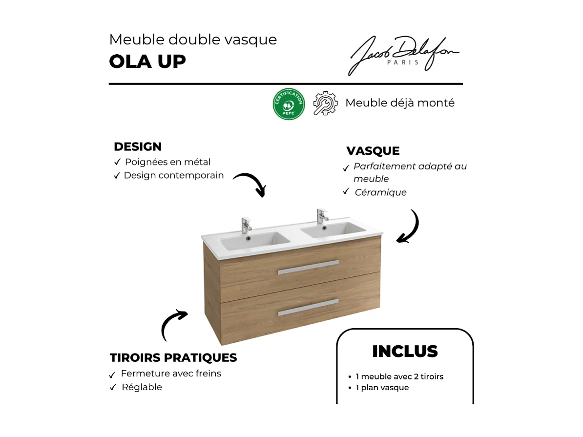 Meuble double vasque 120 cm JACOB DELAFON Ola UP Chene Colorado