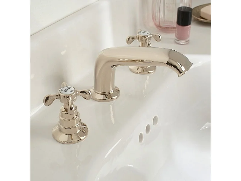 Pack meuble vasque JACOB DELAFON Cléo 1889 3 trous + colonne gauche + miroir + mélangeur croisillon or