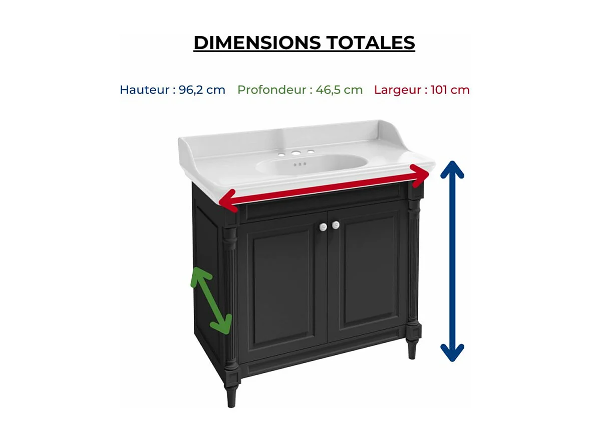 Pack meuble vasque JACOB DELAFON Cléo 1889 3 trous + colonne gauche + miroir + mélangeur croisillon or