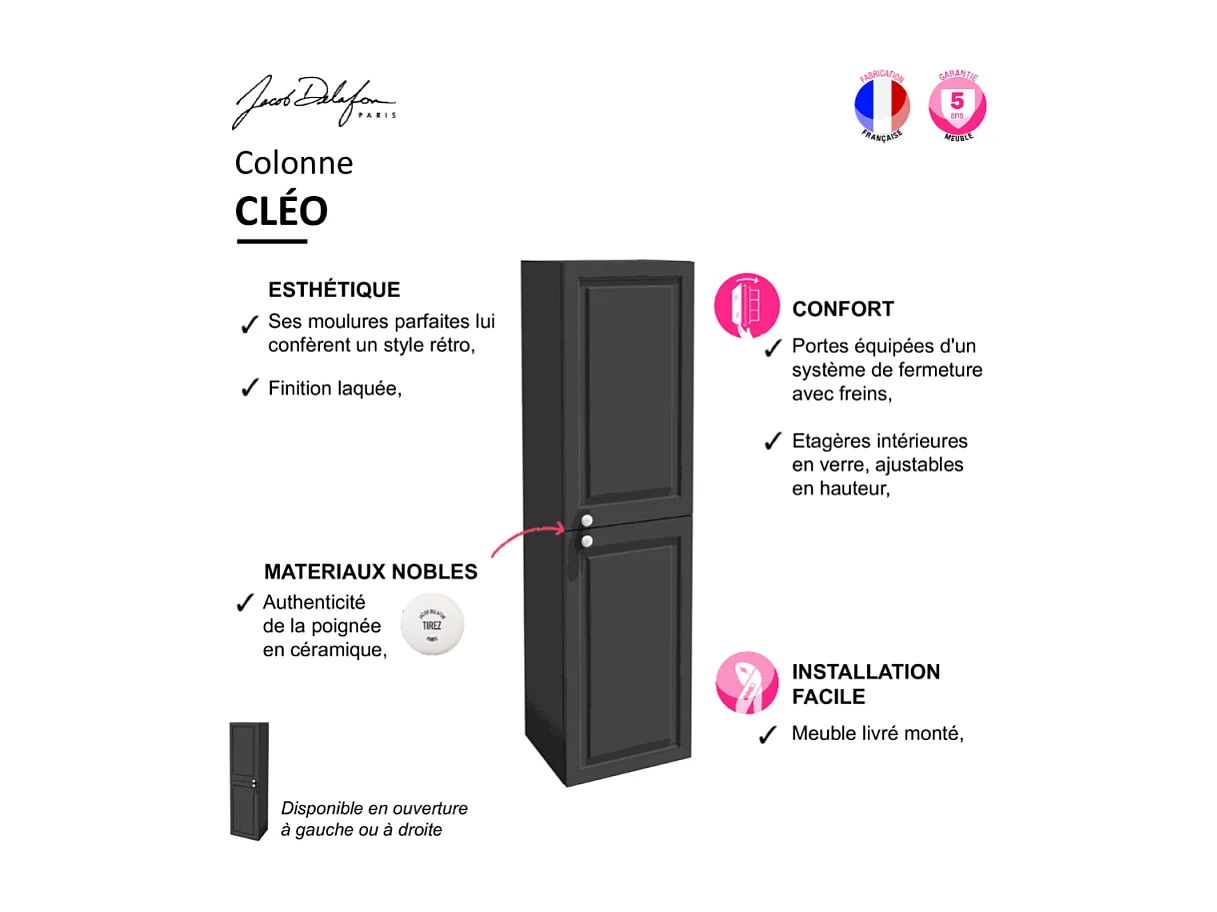 Pack meuble vasque JACOB DELAFON Cléo 1889 3 trous + colonne gauche + mélangeur poignée chromé