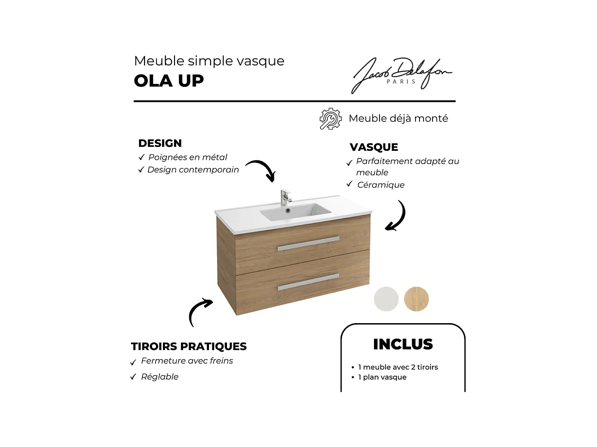 Meuble vasque 100 cm suspendu JACOB DELAFON Ola up chêne