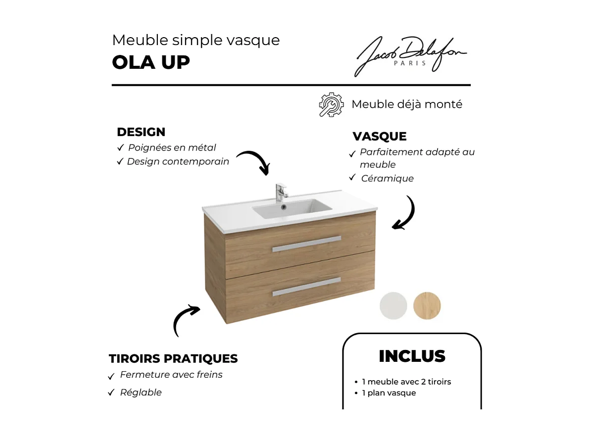 Meuble vasque 100 cm suspendu JACOB DELAFON Ola up chêne