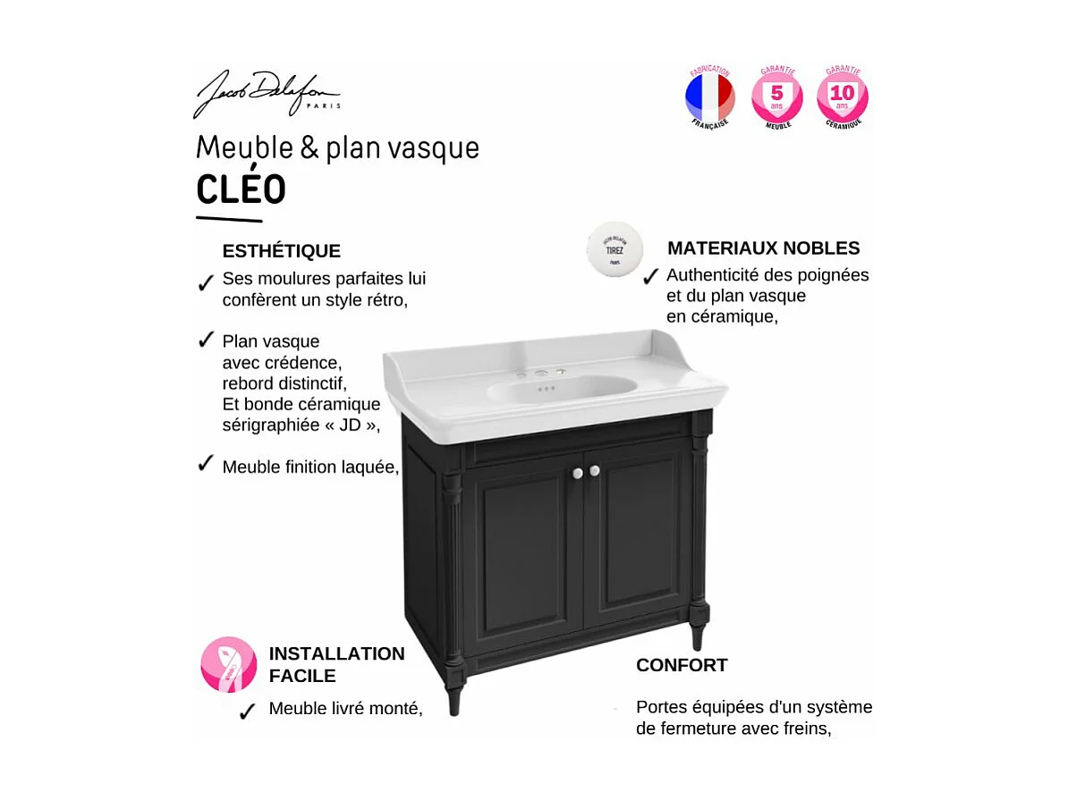 Pack meuble vasque JACOB DELAFON Cléo 1889 3 trous + colonne droite
