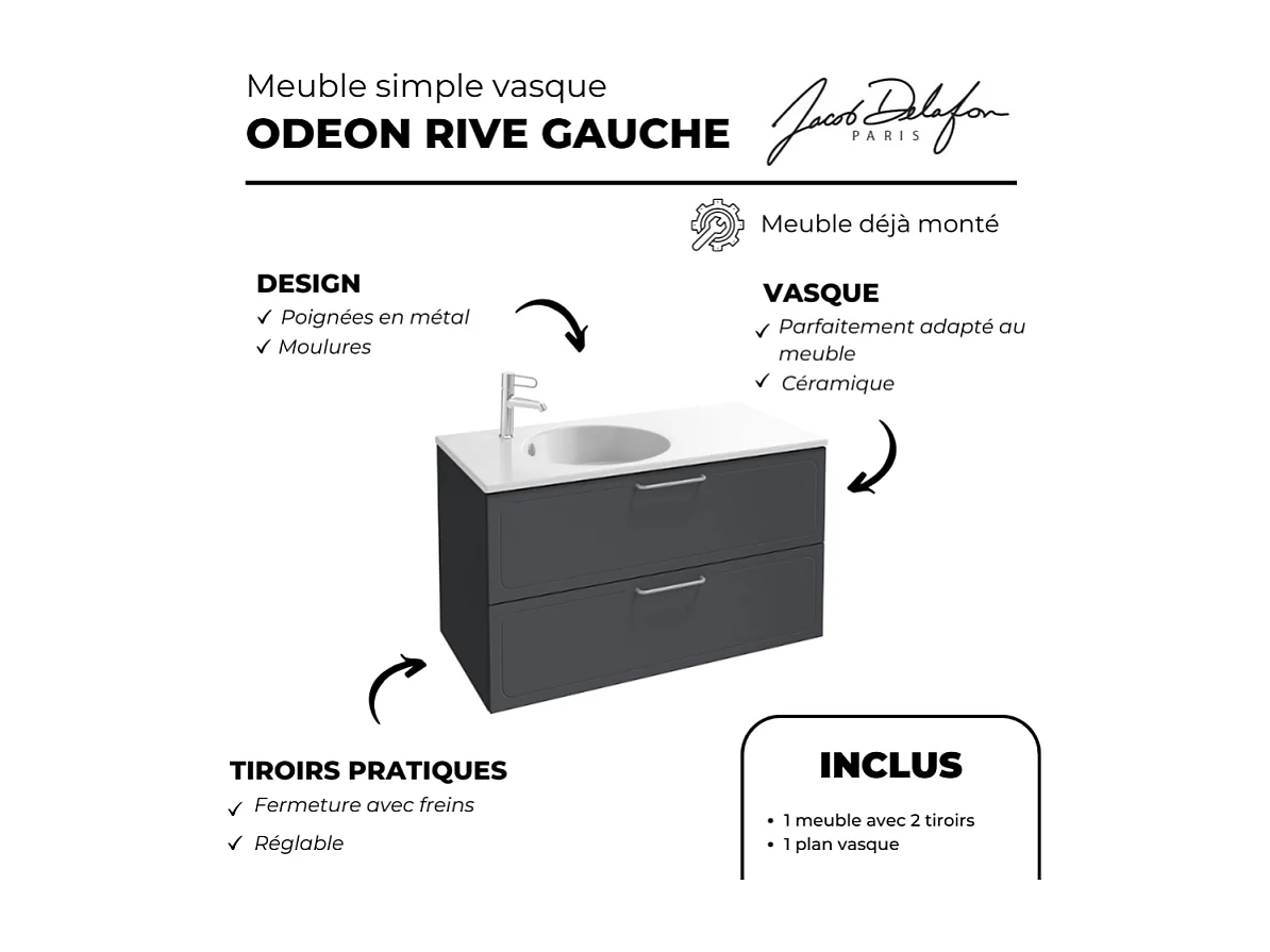 Meuble simple vasque 60 cm JACOB DELAFON Odéon Rive Gauche gris anthracite