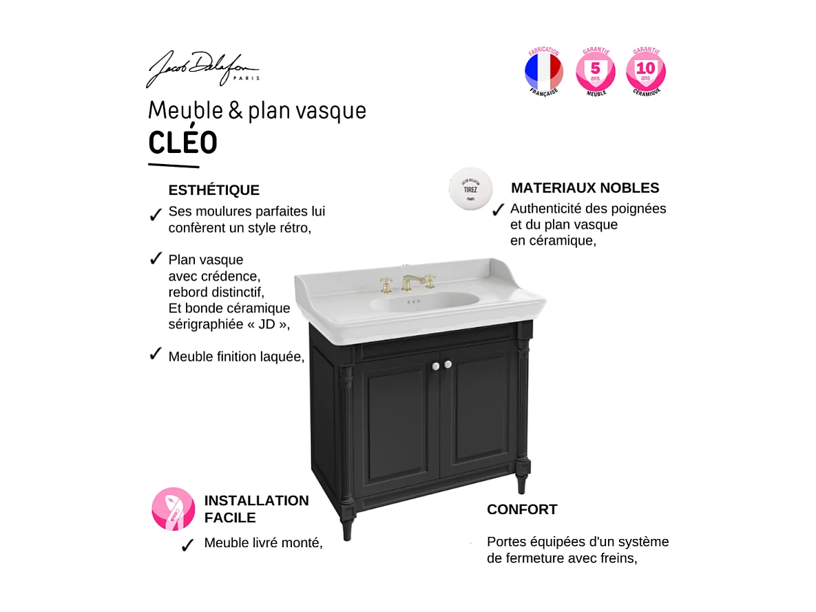 Meuble vasque JACOB DELAFON Cléo 1889 plan vasque 3 trous