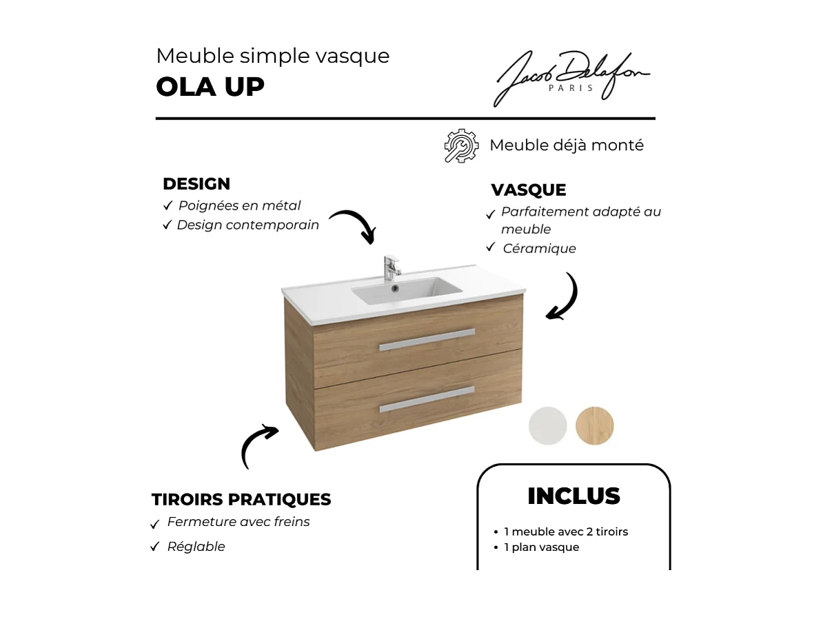 Meuble vasque 80 cm suspendu JACOB DELAFON Ola up chêne