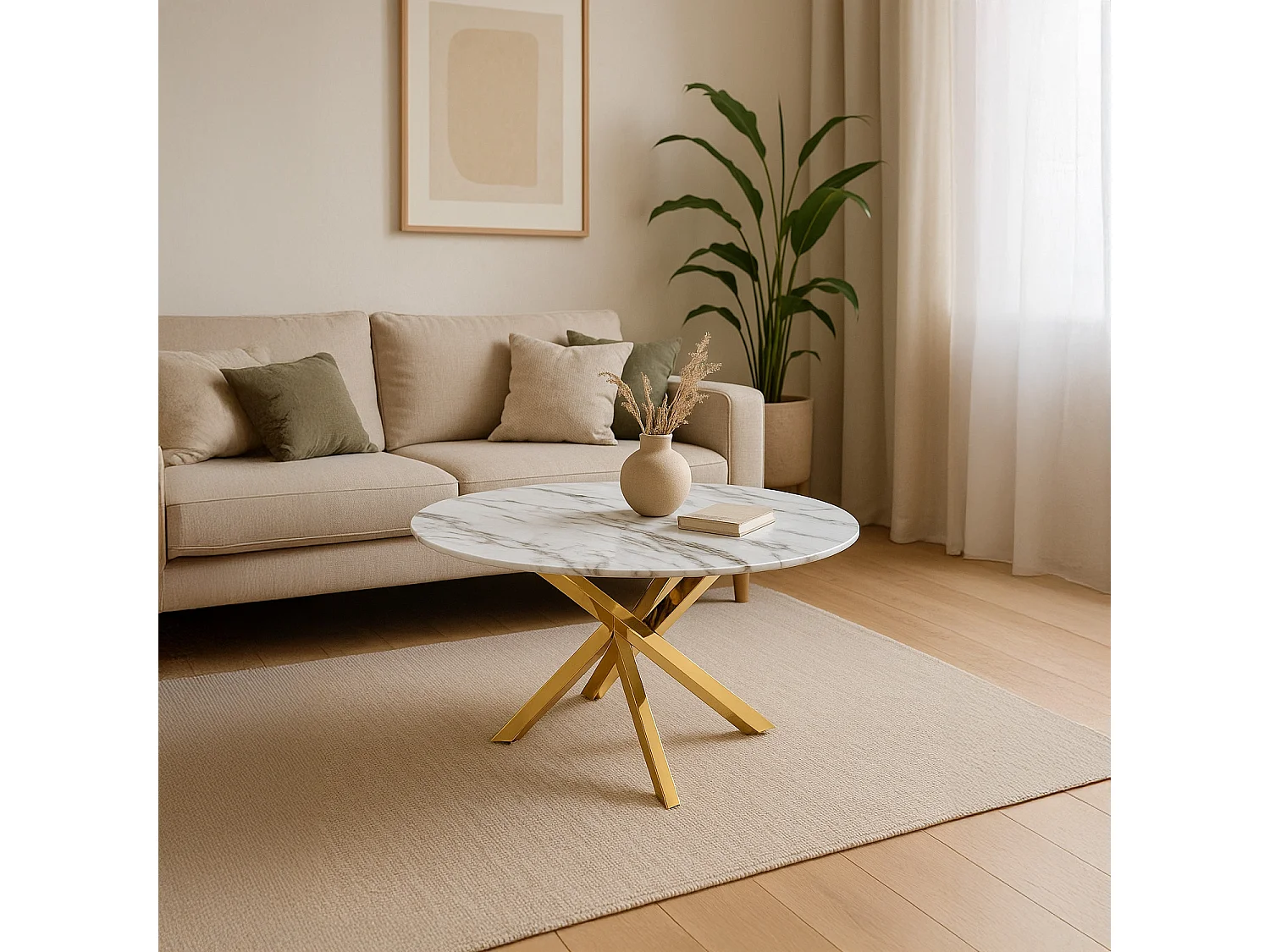 Table basse ronde en verre effet marbre et pieds doré Holy