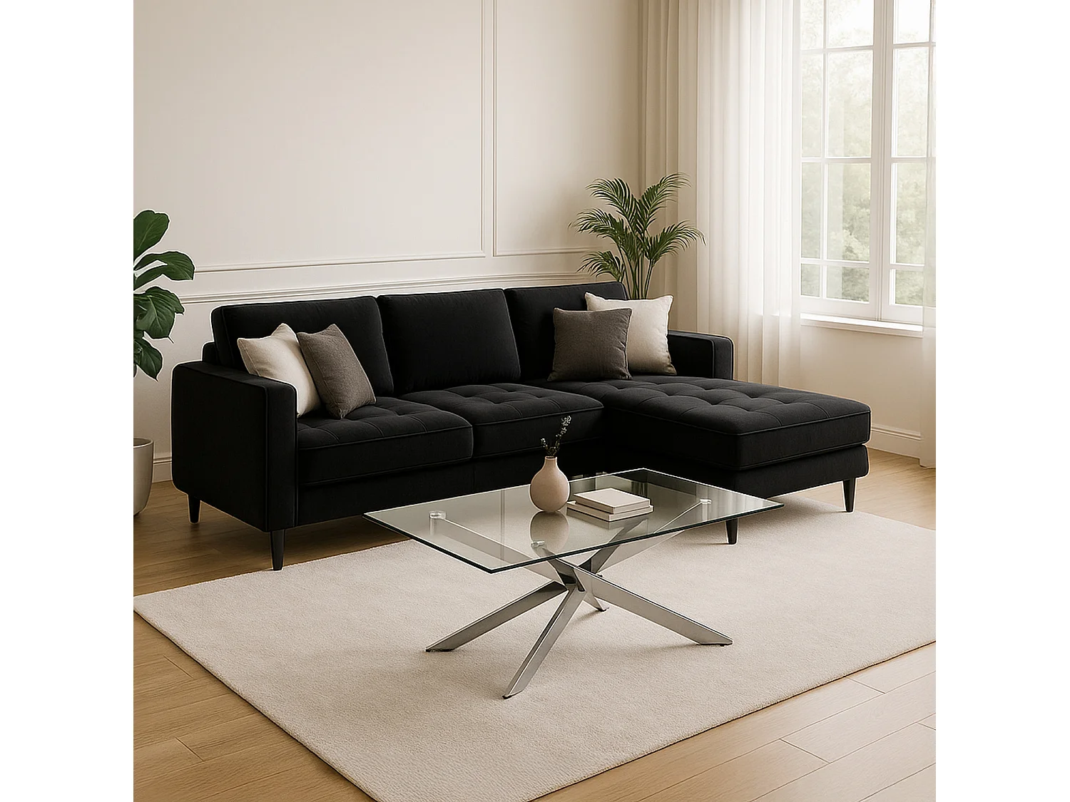 Table basse rectangulaire en verre et pied chromé Alix