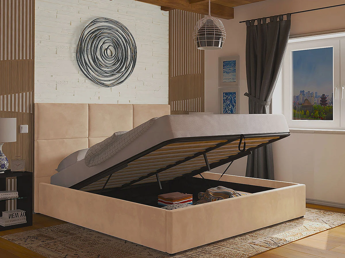 Cama de Casal Elegance, Estrado Elevatório (Bege)(200×180 cm)