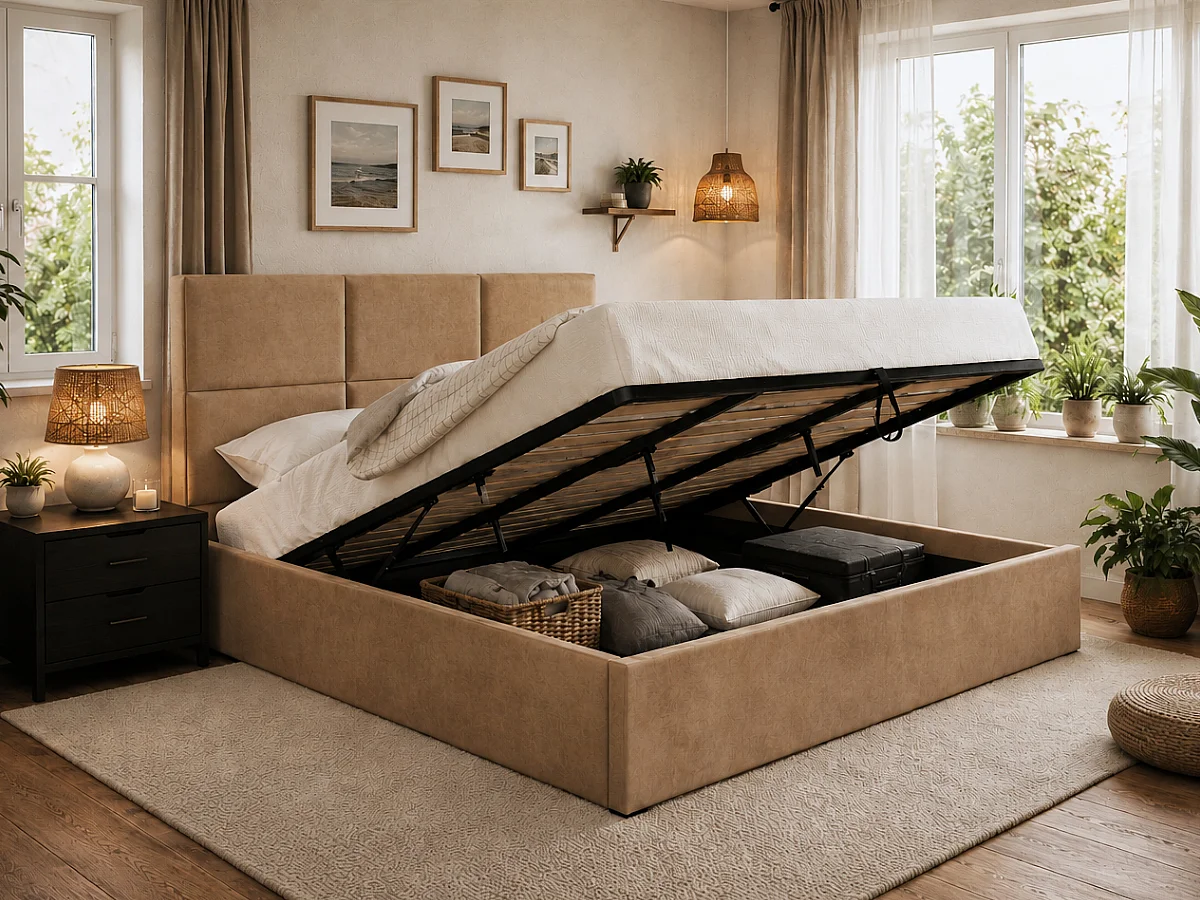 Cama de Casal Elegance, Estrado Elevatório (Camel)(200×180 cm)
