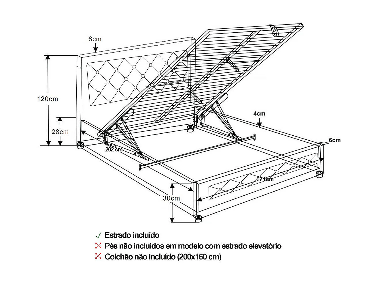 Cama com Estrado Elevatório Roman (Preto)(200×160 cm)