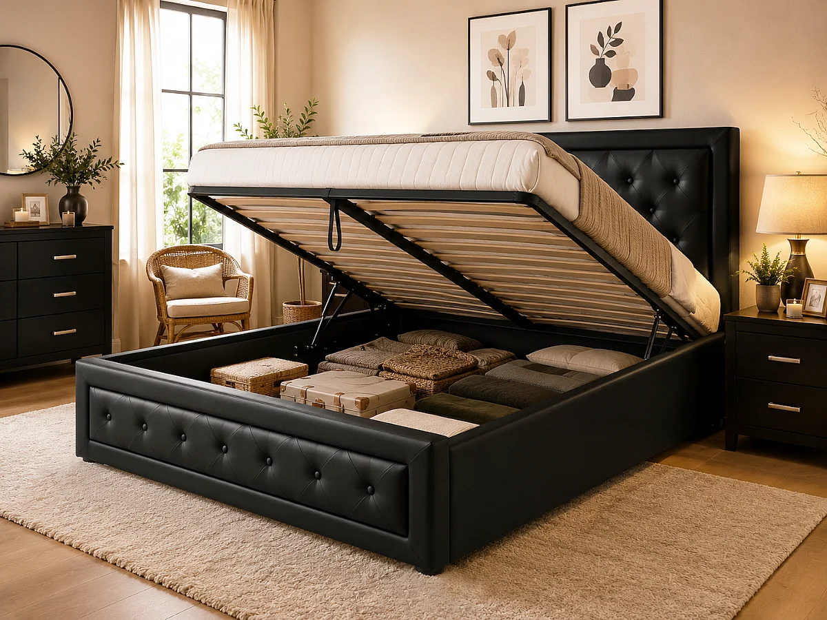 Cama com Estrado Elevatório Roman (Preto)(200×160 cm)