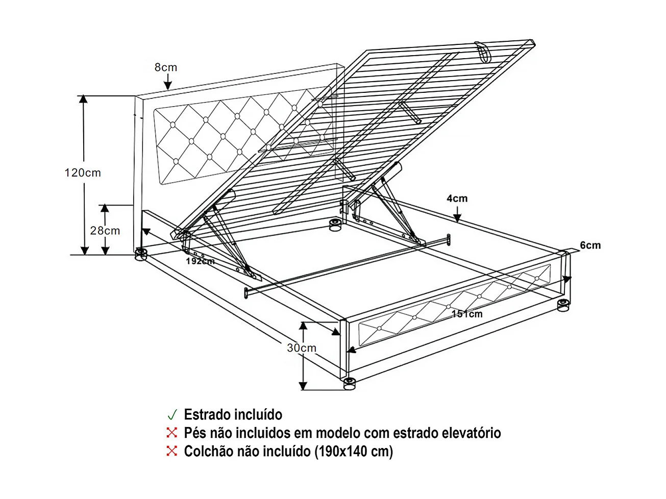 Cama com Estrado Elevatório Roman (Branco)(190×140 cm)