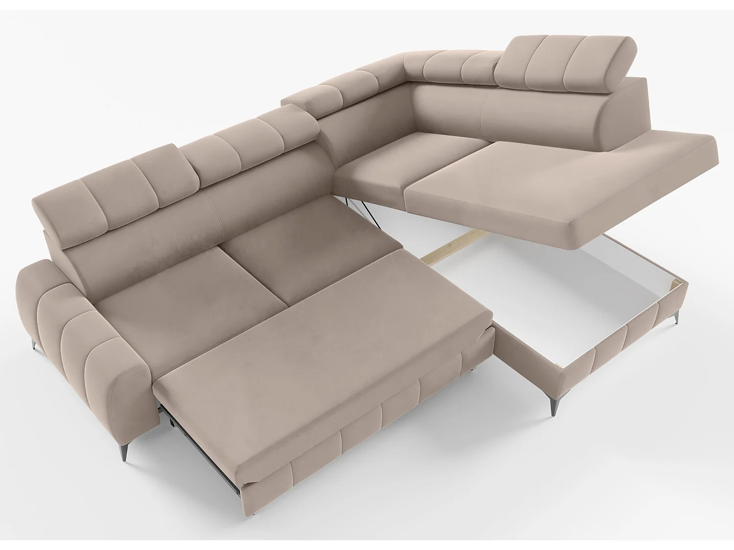 Ecksofa mit Schlaffunktion - Veloursbezug in Greige - rechtsseitig - LONDON