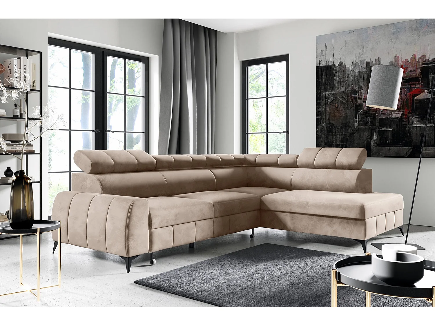 Omkeerbare hoekbank - in beige fluweel - rechterkant - LONDON