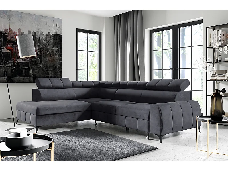Ecksofa mit Schlaffunktion - Veloursbezug in Dunkelgrau - linksseitig - LONDON