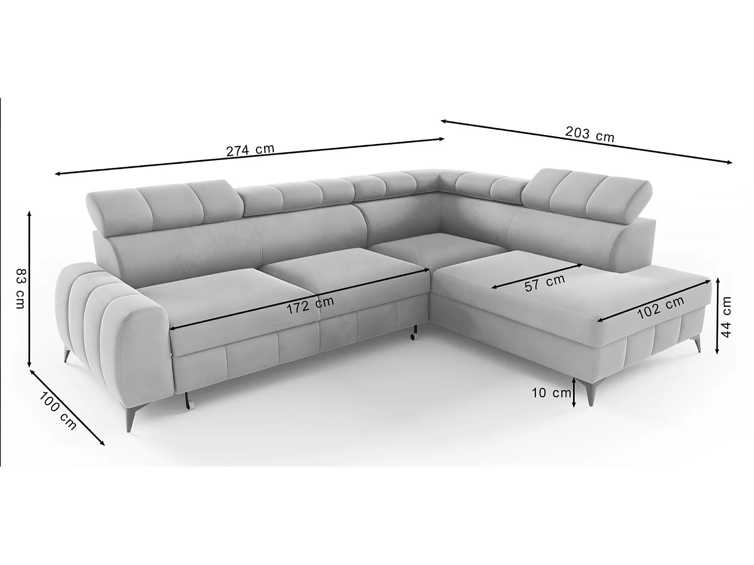 Omkeerbare hoekbank - in donkergrijs fluweel - linkerzijde - LONDON
