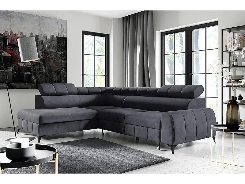 Omkeerbare hoekbank - in donkergrijs fluweel - linkerzijde - LONDON