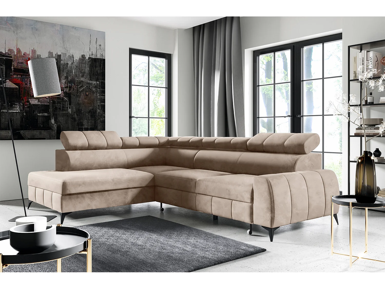 Ecksofa mit Schlaffunktion - Veloursbezug in Greige - linksseitig - LONDON