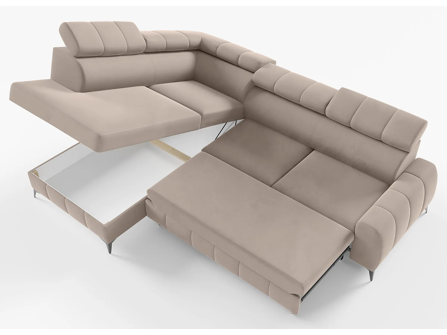 Ecksofa mit Schlaffunktion - Veloursbezug in Greige - linksseitig - LONDON