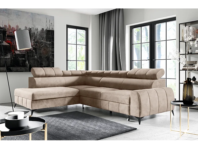 Canapé d'angle réversible - en velours grège - côté gauche - LONDON