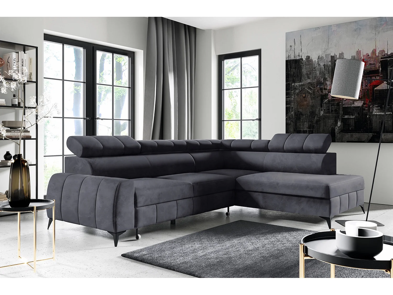 Ecksofa mit Schlaffunktion - Veloursbezug in Dunkelgrau - rechtsseitig - LONDON