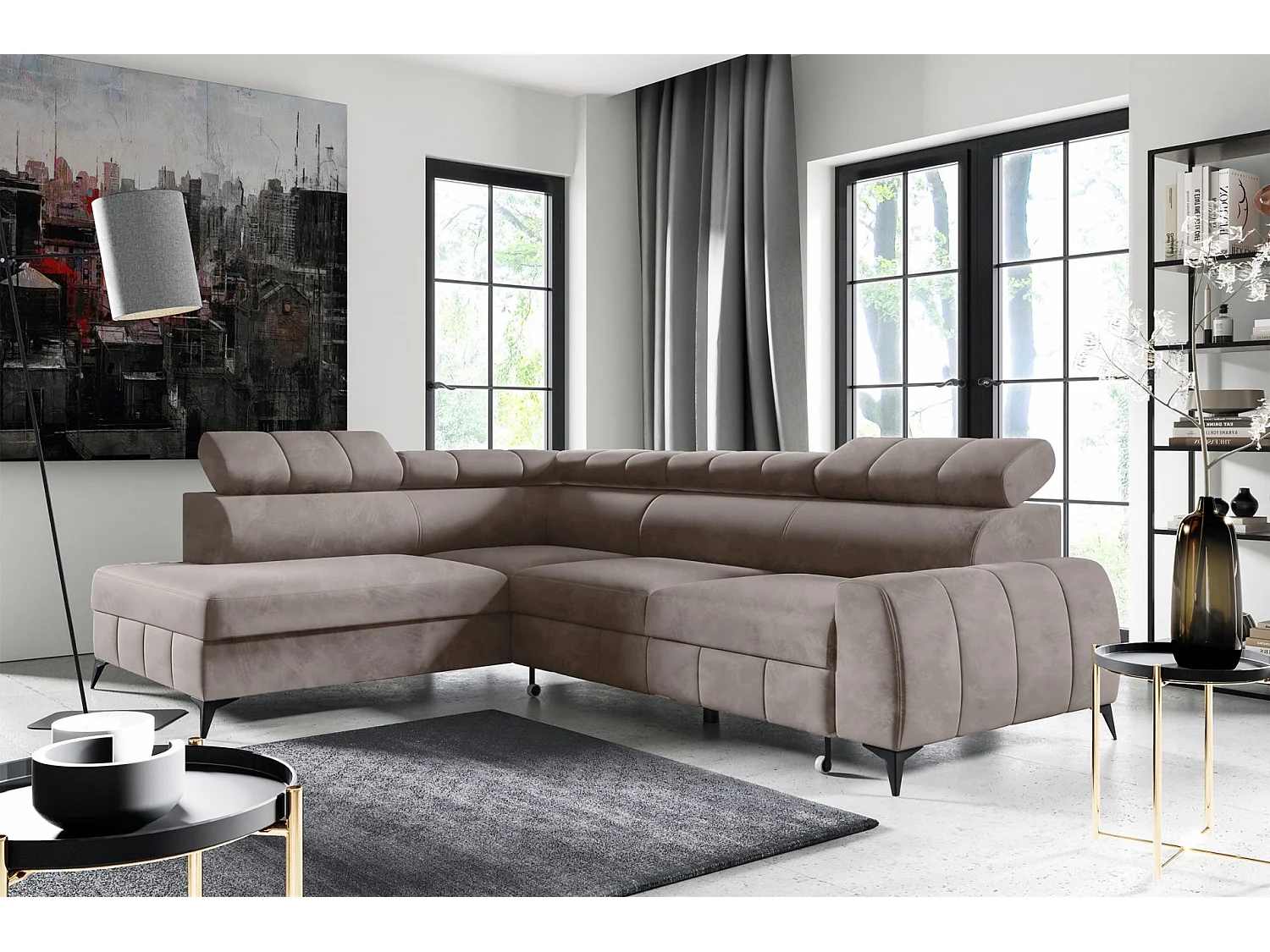 Ecksofa mit Schlaffunktion - Veloursbezug in Hellbraun - linksseitig - LONDON