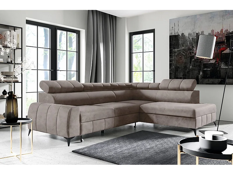 Ecksofa mit Schlaffunktion - Veloursbezug in Hellbraun - rechtsseitig - LONDON