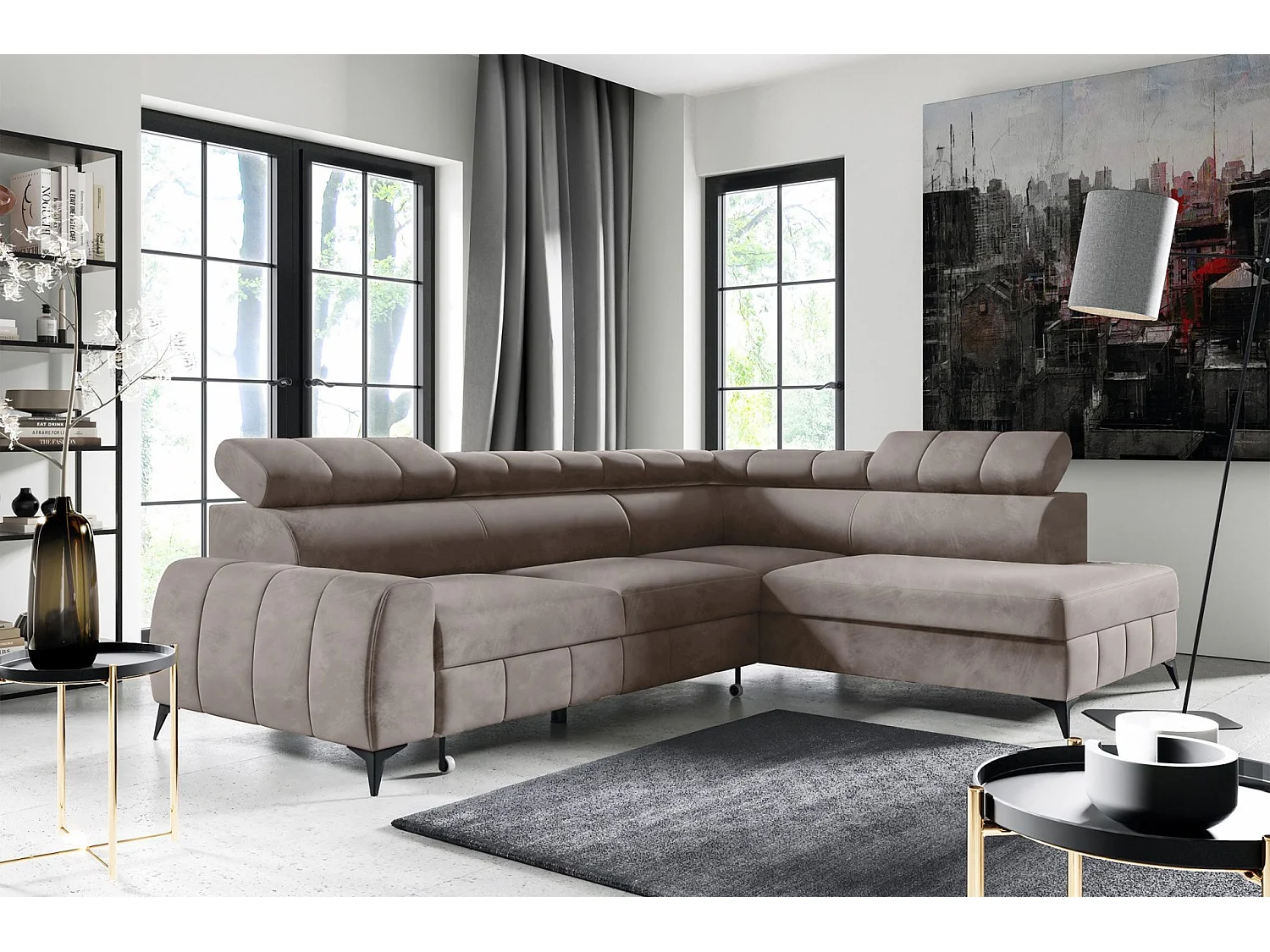 Ecksofa mit Schlaffunktion - Veloursbezug in Hellbraun - rechtsseitig - LONDON