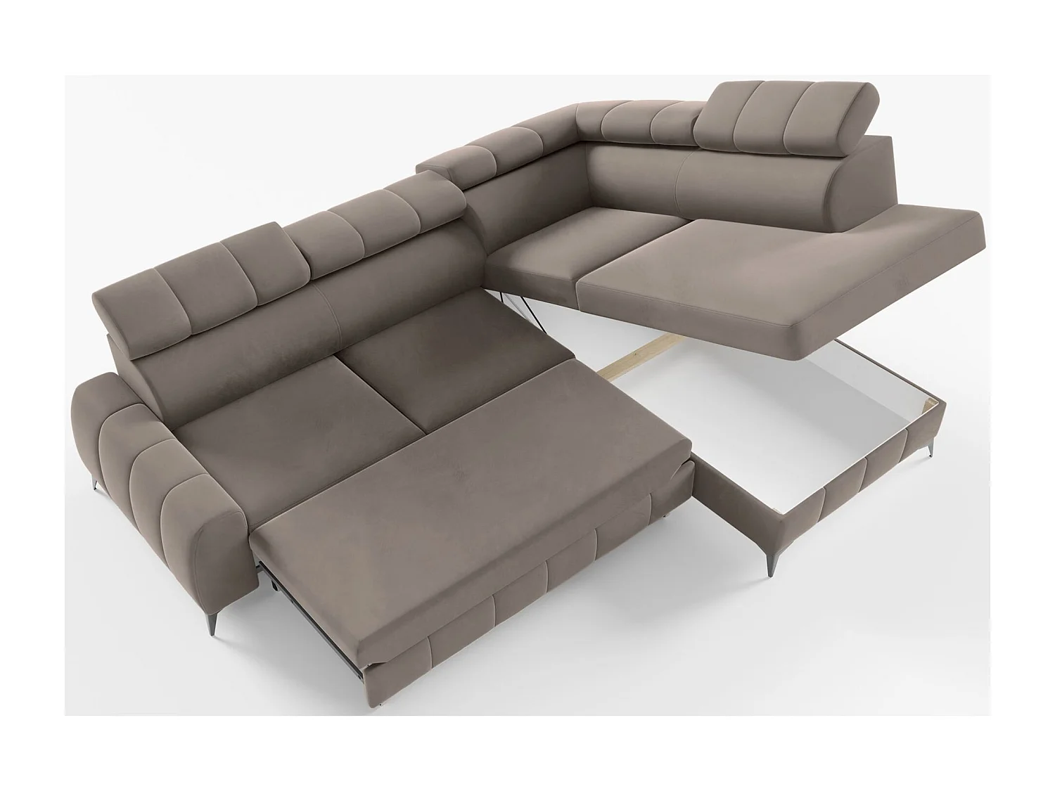 Ecksofa mit Schlaffunktion - Veloursbezug in Hellbraun - rechtsseitig - LONDON