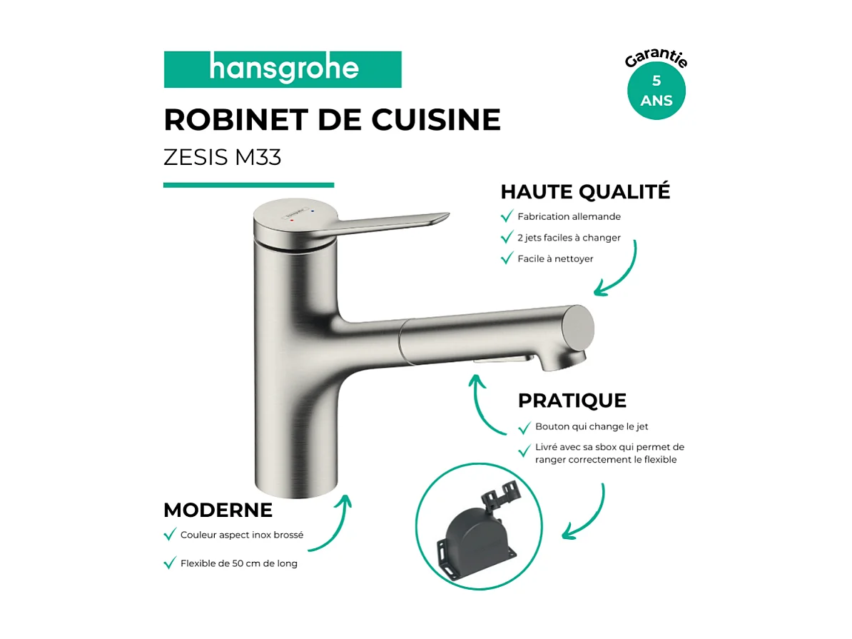 Grifo de cocina con ducha HANSGROHE Zesis M33 150 sBox 2 chorros aspecto acero inoxidable