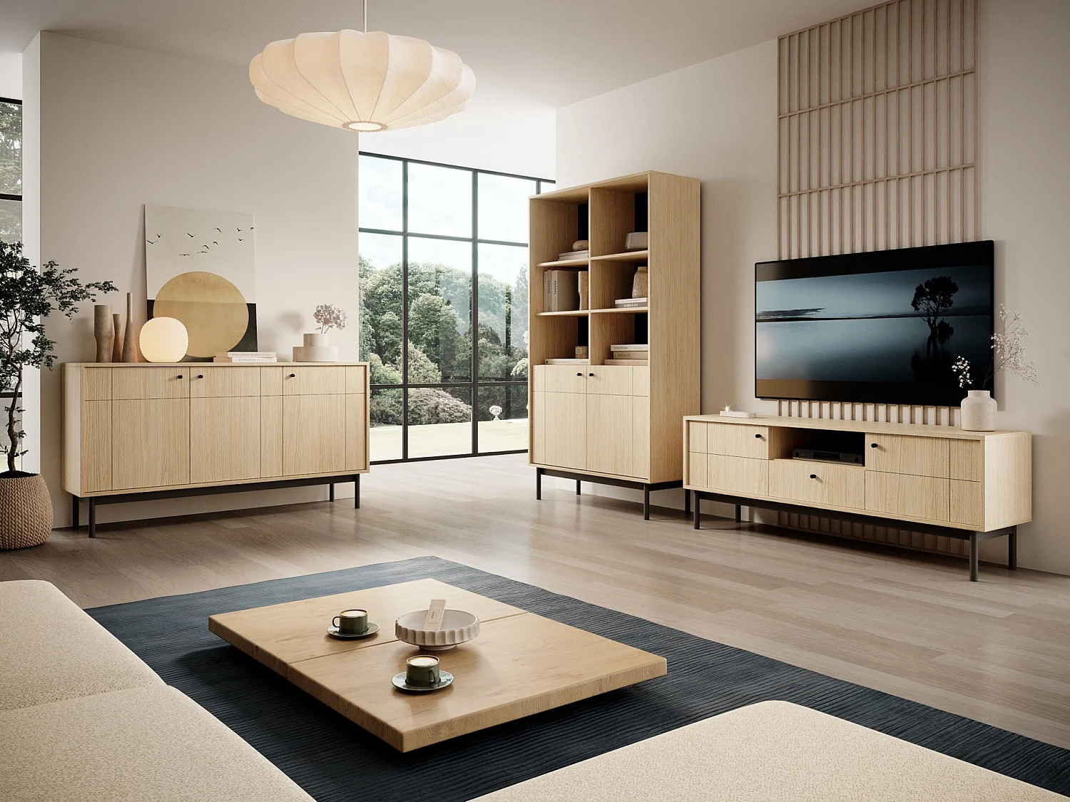 TV-Lowboard - Eichenholzoptik - 2-türig mit Schublade - 153 cm - JAPANDIES