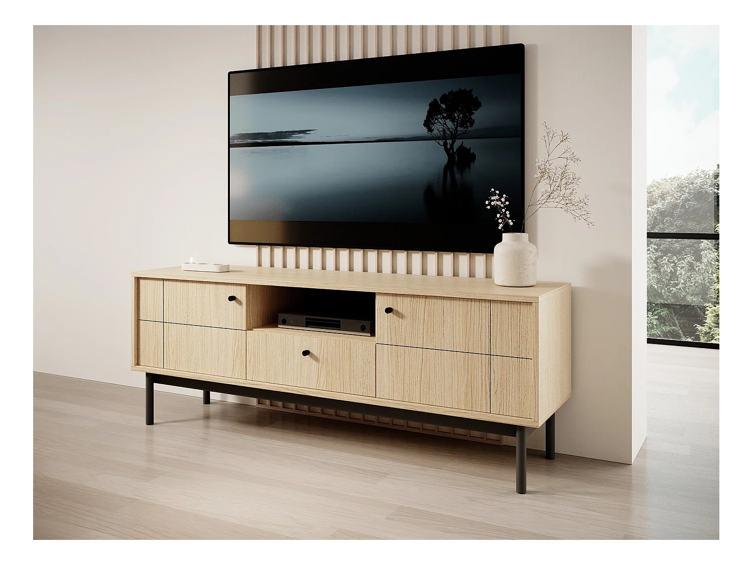 Meuble TV à deux portes - 153 cm - avec tiroir et niche - chêne linéaire - JAPANDIES