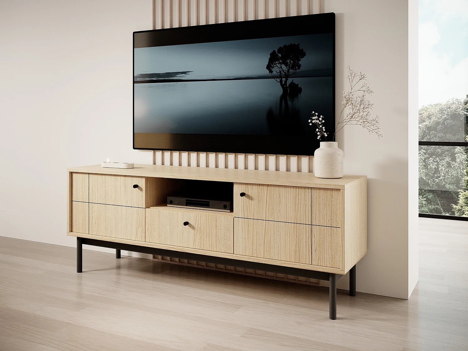 Meuble TV à deux portes - 153 cm - avec tiroir et niche - chêne linéaire - JAPANDIES