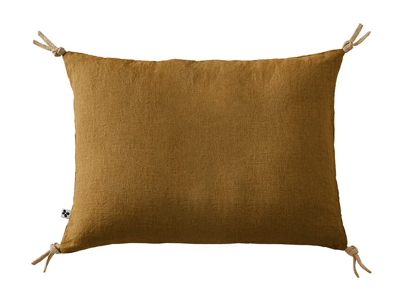 Coussin 40 x 60 cm en lin lavé caramel avec 4 nouettes en jute - LUISA