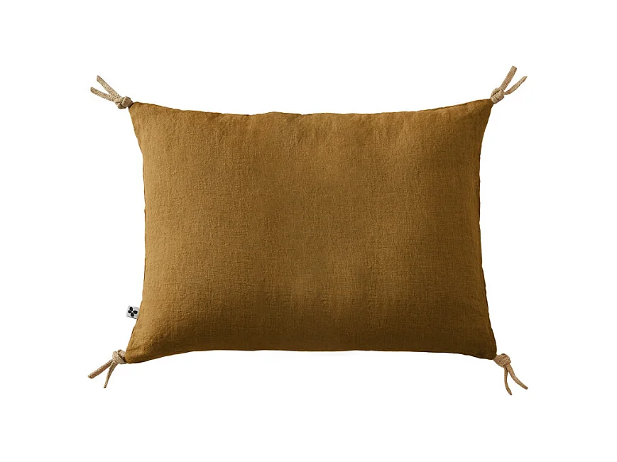 Coussin 40 x 60 cm en lin lavé caramel avec 4 nouettes en jute - LUISA