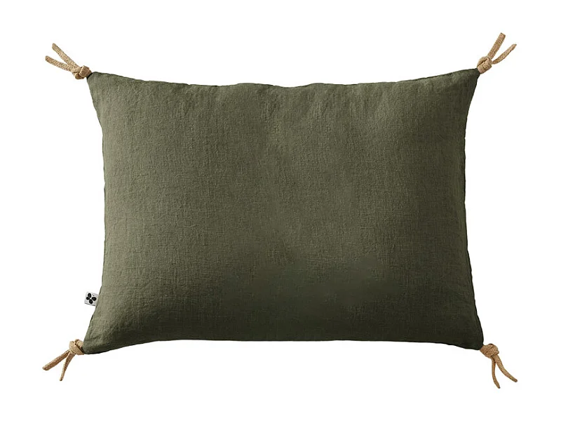 Coussin 40 x 60 cm en lin lavé vert avec 4 nouettes en jute - LUISA